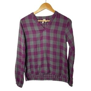 PACT Womens XS Organic Cotton Purple Gray Plaid Flannel Gauze V-Neck Top Coastal